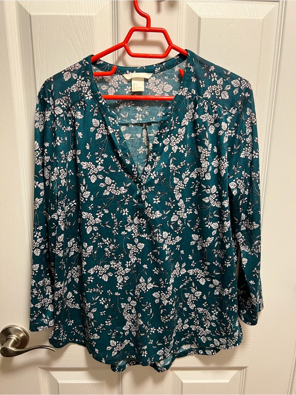 H&M Teal Floral V-Neck Long-Sleeve Blouse